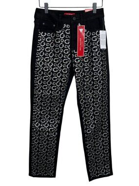 Guess Women’s 26 High Rise Straight Leg Jeans Black Rhinestone Logo